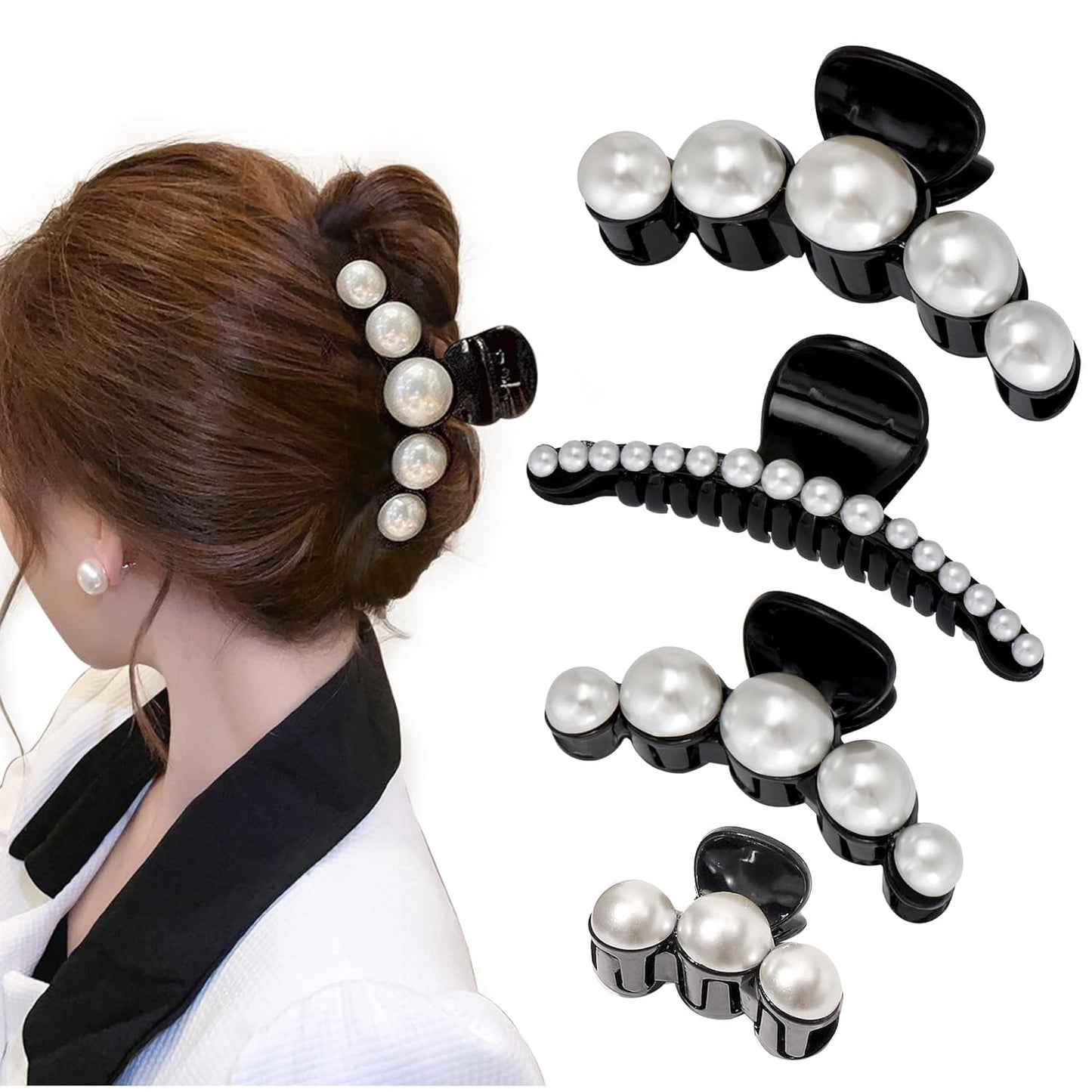 Mehayi 4 PCS Large Pearl Hair Claw Clips for Women Girls, Hair Barrette Clamps for Thick Thin Hair, Fashion Hair Accessories Headwear Styling Tools for Party Wedding