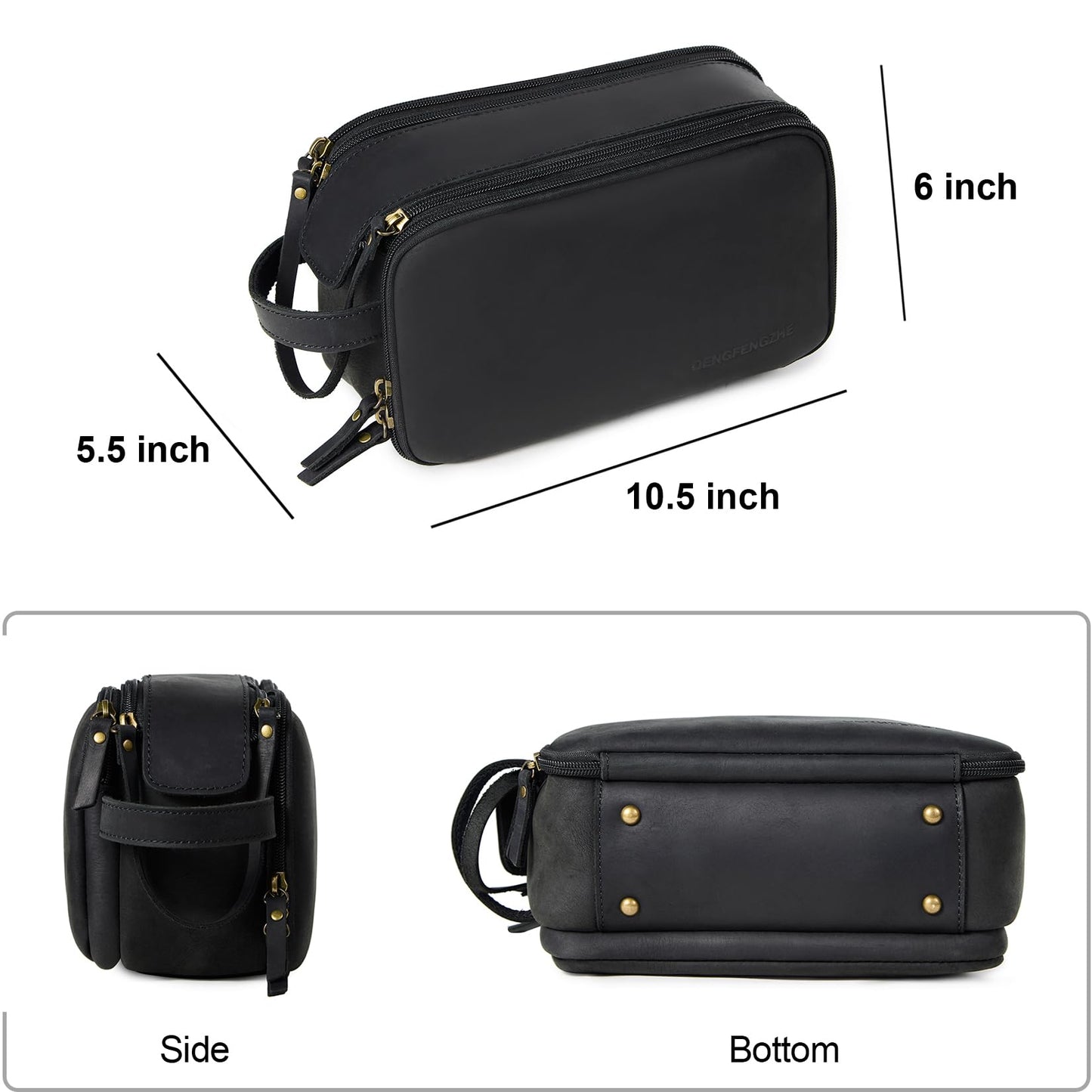 DENGFENGZHE Toiletry Bag for Men, Full Grain Leather Travel Pouch Shaving Dopp Kit Bathroom Toiletries Organizer Bags, Black