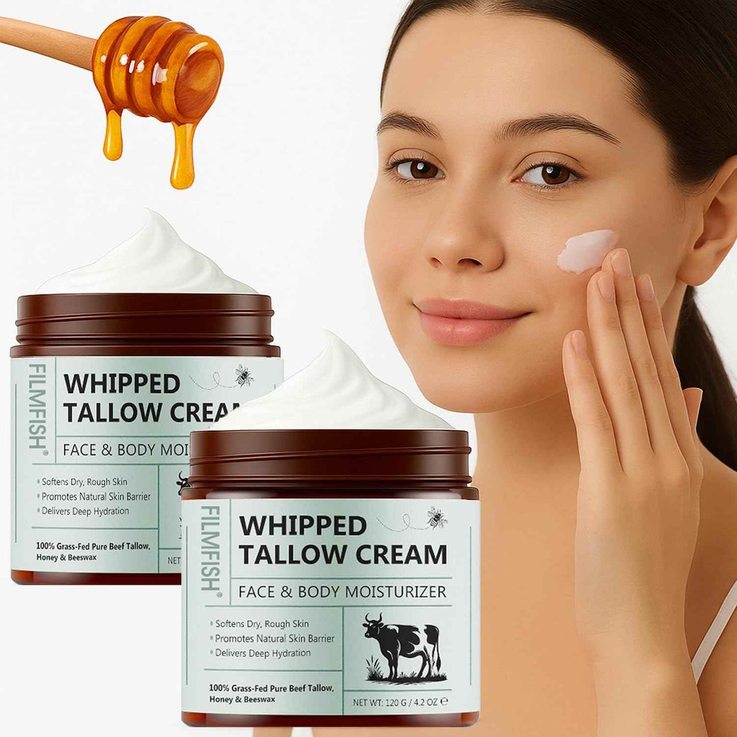 Grass-Fed Tallow Balm with Honey & Beeswax Deep Moisturizing Face & Body Cream Non-Comedogenic, Fragrance-Free For Dry Sensitive Skin Calms Redness 4.2 oz 2PCS