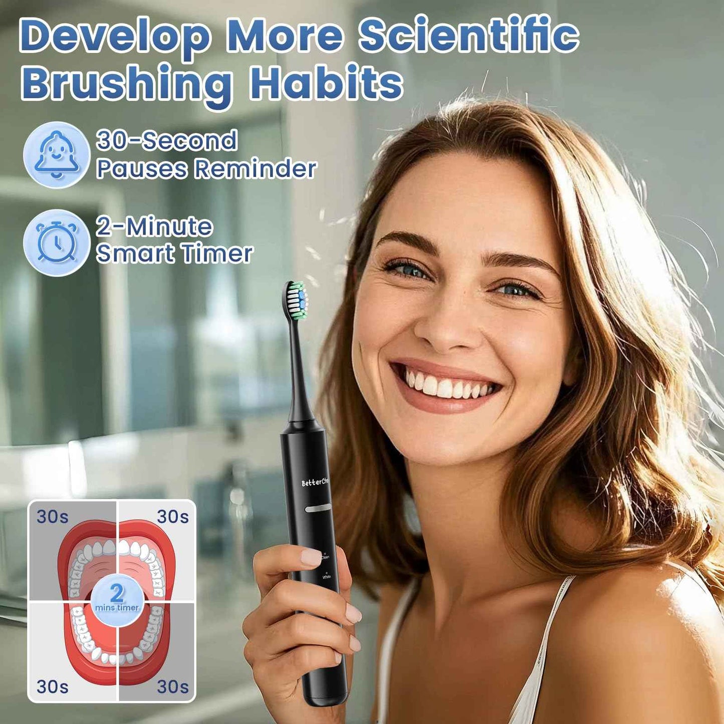 Betterchoi Sonic Electric Toothbrush for Adults, USB Rechargeable Toothbrush - 41,000 VPM Maglev Motor - 4 Brush Heads - IPX7 Waterproof, 180-Day Battery Life, 5 Cleaning Modes & Smart Timer, Black