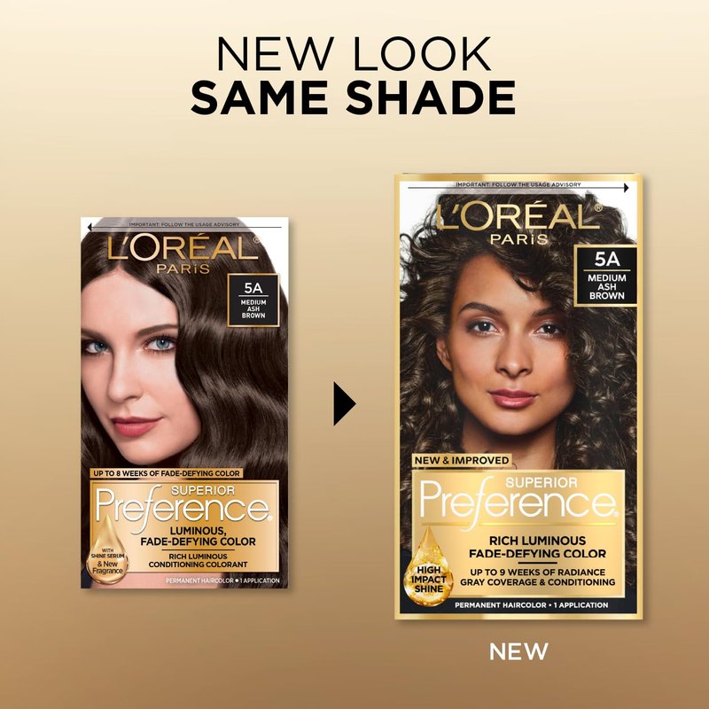 L'Oreal Paris Superior Preference Luminous Fade-Defying Permanent Hair Color, Hair Dye For Up to 9 Weeks of Radiance, Medium Ash Brown 5A, 1 Hair Dye Kit (Pack of 2)