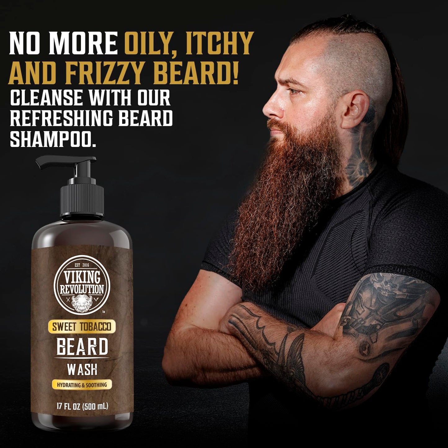 Viking Revolution Beard Wash & Conditioner for Men | Argan & Jojoba Oil - 17oz Sweet Tobacco Beard Softener