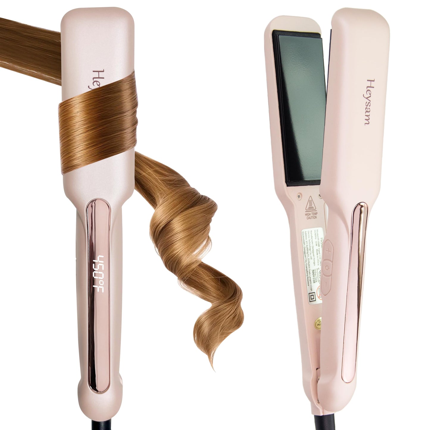 Heysam Titanium Flat Iron Hair Straightener and Curler 2 in 1, Dual Voltage Hair Straightener for Thick Hair, Travel Ionic Straightening Wide 1.6-Inch, Fast Heating, Smooth & Frizzy, Pink