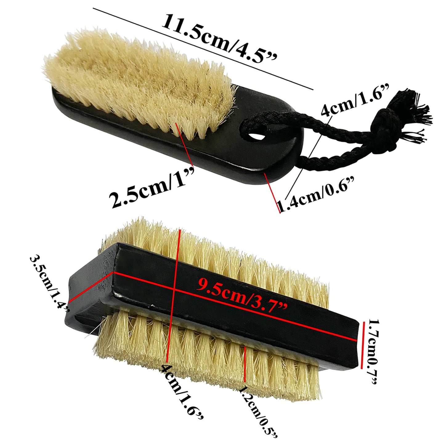 NewFerU Wooden Nail Brush Cleaner Black X 2 in Natural 100% Boar Bristle for Cleaning Hand Finger Foot Toe, Fingernail Toenail Scrub Brush for Men Women Kids Manicure Pedicure (Two sided + w Rope)