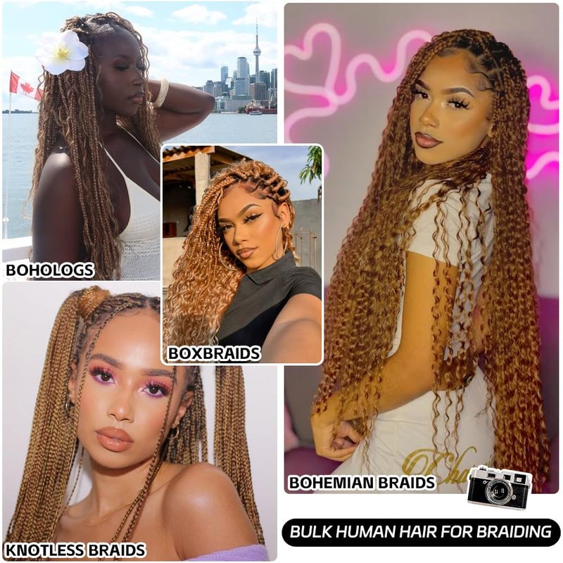 27 Blonde Boho Human Braiding Hair 120g Curly for Boho Braids Bohemian 100% Human Hair for Braiding Wet and Wave Deep Wave Bulk Human Hair for Boho Knotless Braids No Weft 3 Bundles 14inch
