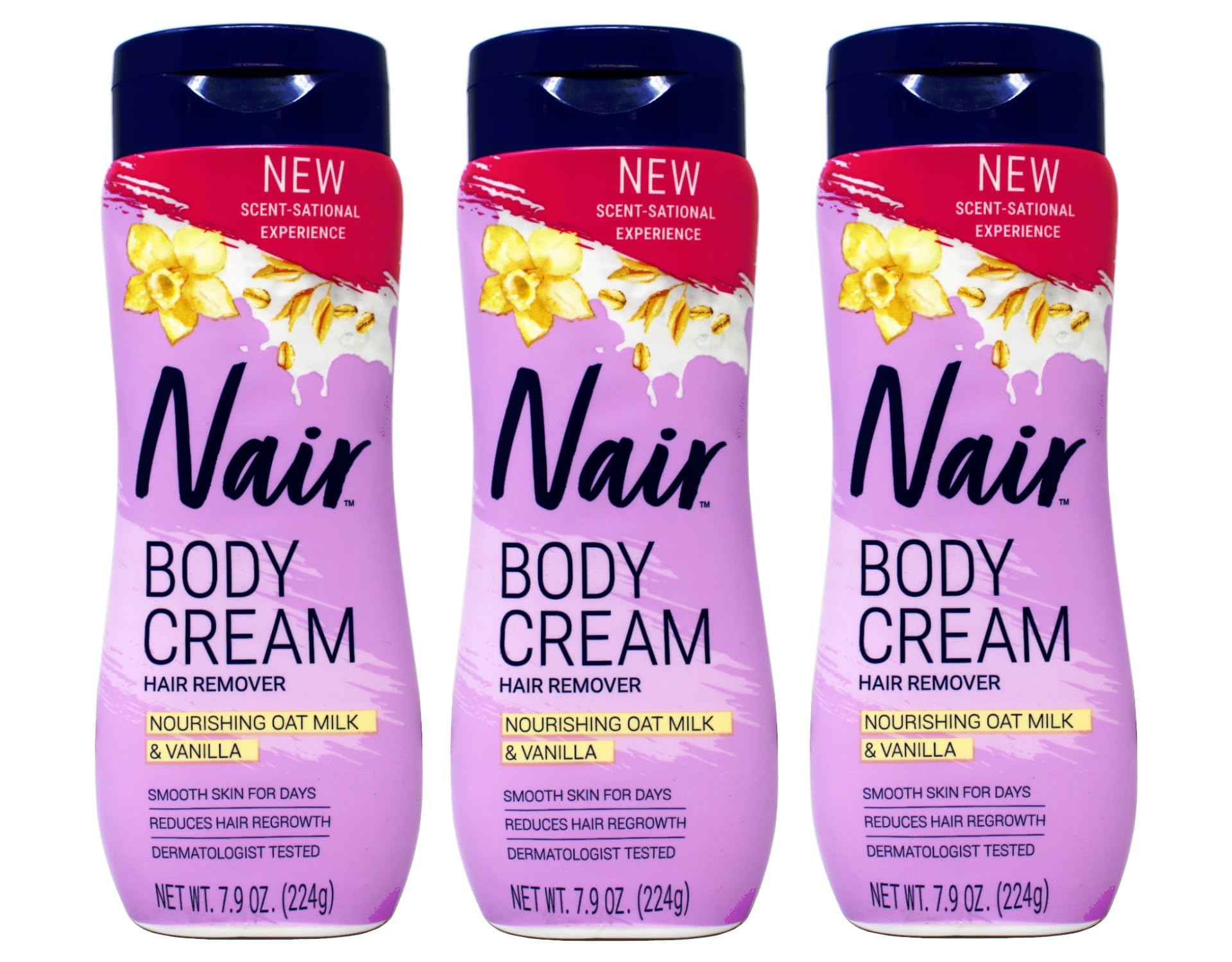Nair Body Cream Hair Remover, Nourishing Oat Milk & Vanilla, Dermatologist Tested, 7.9 oz (Pack of 3)
