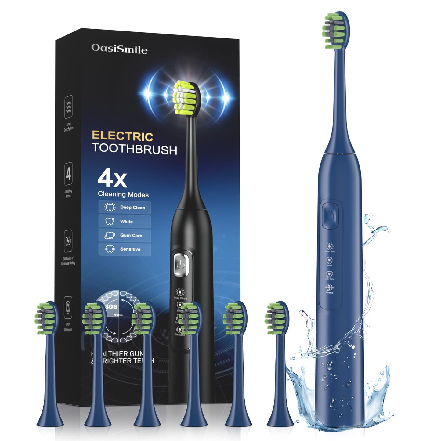 OasiSmile Electric Toothbrush for Adults, 42000 VPM Deep Clean Sonic Toothbrush with 6 Brush Heads, 4 Modes, IPX7 Waterproof Rechargeable Toothbrushes for 120 Days, Built-in 2 Mins Smart Timer (Blue)