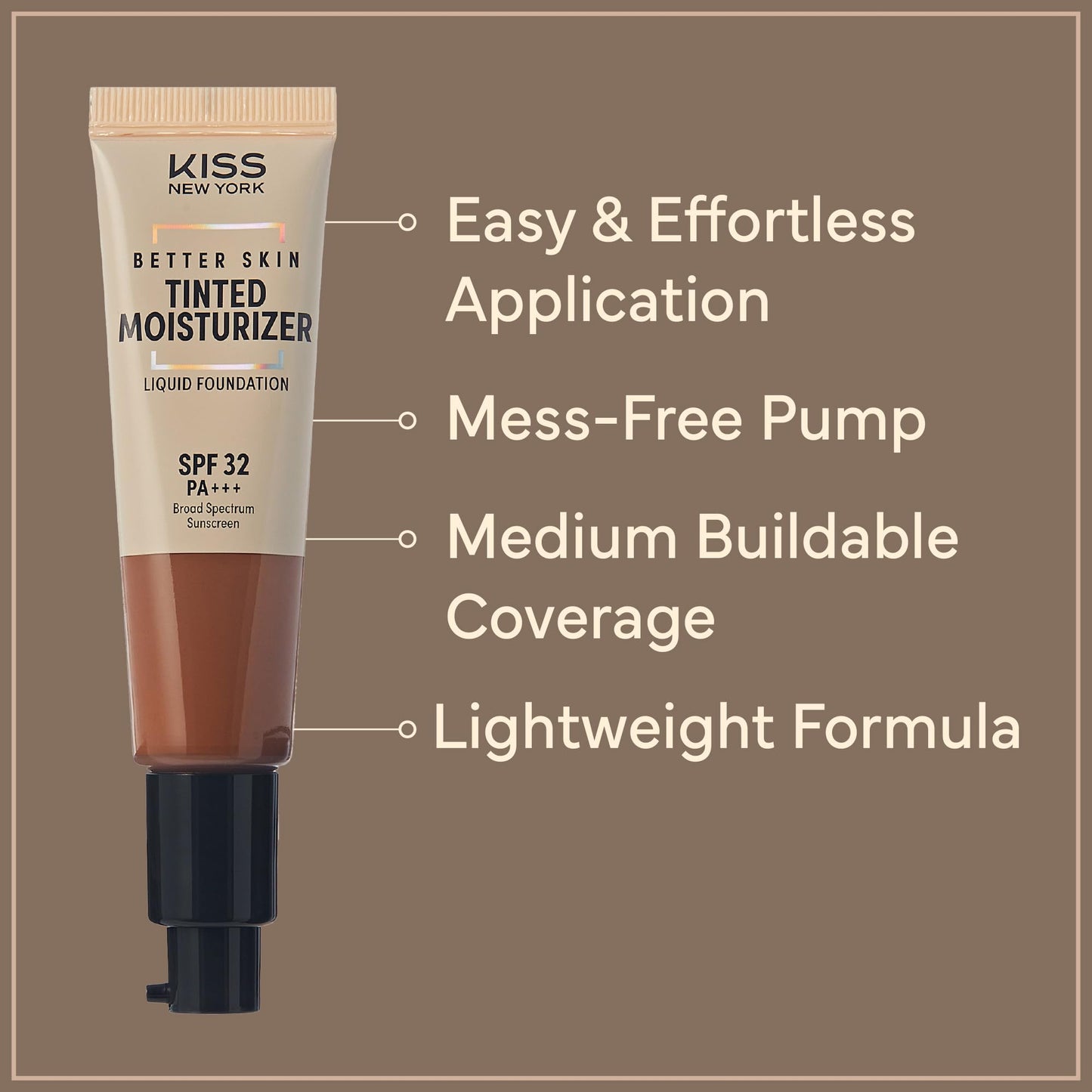 KISS NEW YORK Tinted Moisturizer with SPF 32 PA+++ (Caramel) 12 Hour Hydrating Sunscreen for Face, No White Cast for Dark Skin Tone, Natural Finish, Medium Coverage with Hyaluronic Acid, Vitamin E