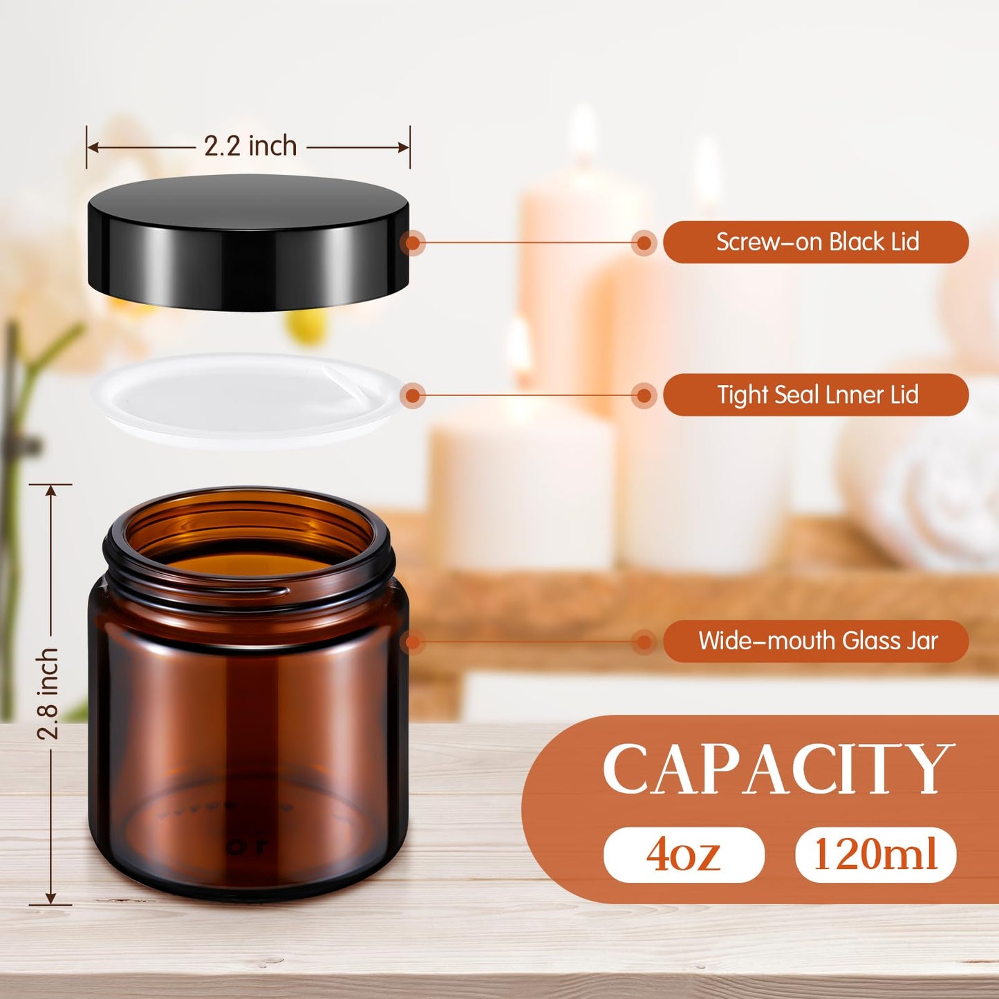 Norme 24 Pcs 4 oz Glass Jars with Lids Leakproof Round Airtight Empty Cosmetic Jars with Inner Liners Lid for Storing Lotions Powder Ointments Making Tins (4 oz,Black,Amber)