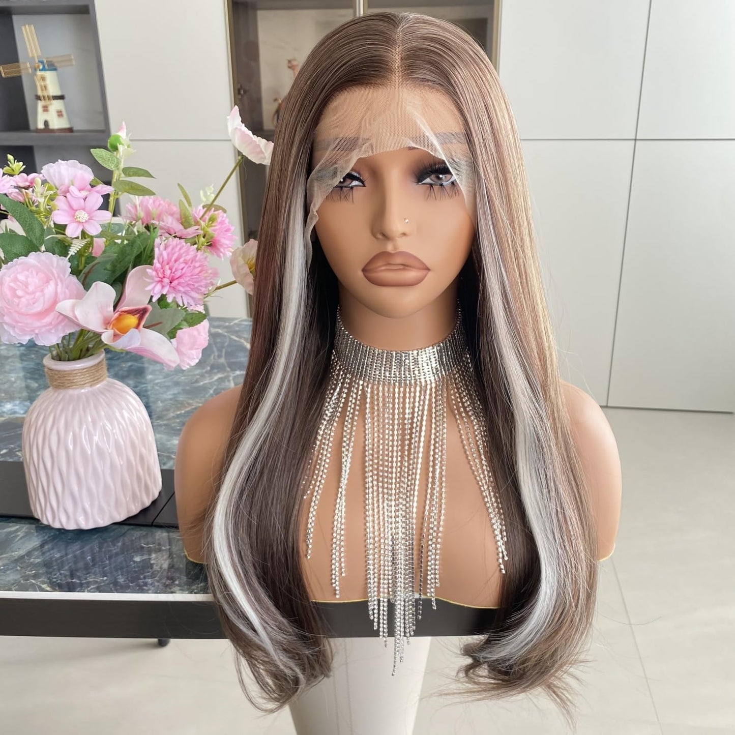 Carkira Ash Brown Wigs Mixed Honey Blonde Color Highlight Platinum Hair 13x4 Lace Front Wig Ombre Silver Loose Wave Synthetic 22Inch Pre Plucked for Women Girls