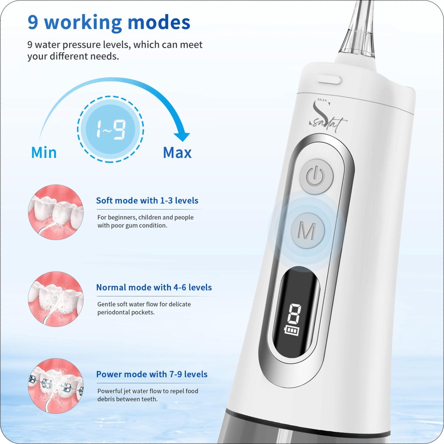 Sadat Cordless Water Dental Flosser – 9 Modes, LED Screen, 300ML Portable Oral Irrigator, Rechargeable & IPX7 Waterproof, Teeth Cleaning Picks for Home & Travel White