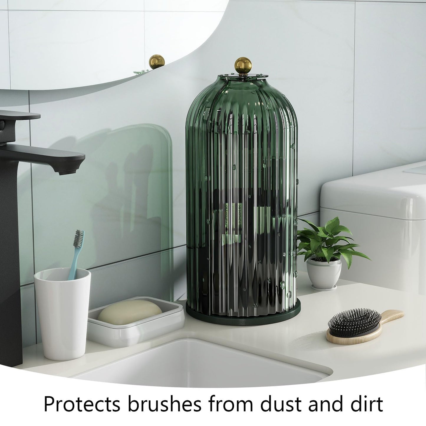 Emljkvp Makeup Brush Holder with Dustproof Cover 360 Rotating Makeup Brush Organizer for Vanity Bathroom, White/Black