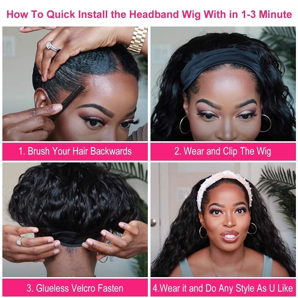 mengkai Deep Wave Lace Front Wigs Human Hair For Women Headband Wig Human Hair Deep Wave Glueless None Lace Front Wig Curly Headband Half Wigs for Women Brazilian Virgin Machine Made Wig 10 Inch