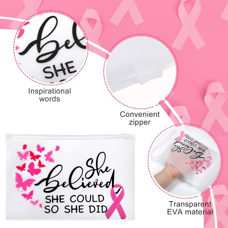 Breast Cancer Awareness Makeup Bags - Pink Ribbon Zippered Cosmetic Pouches | 100 Pieces, EVA Waterproof Toiletry Bags for Charity Events