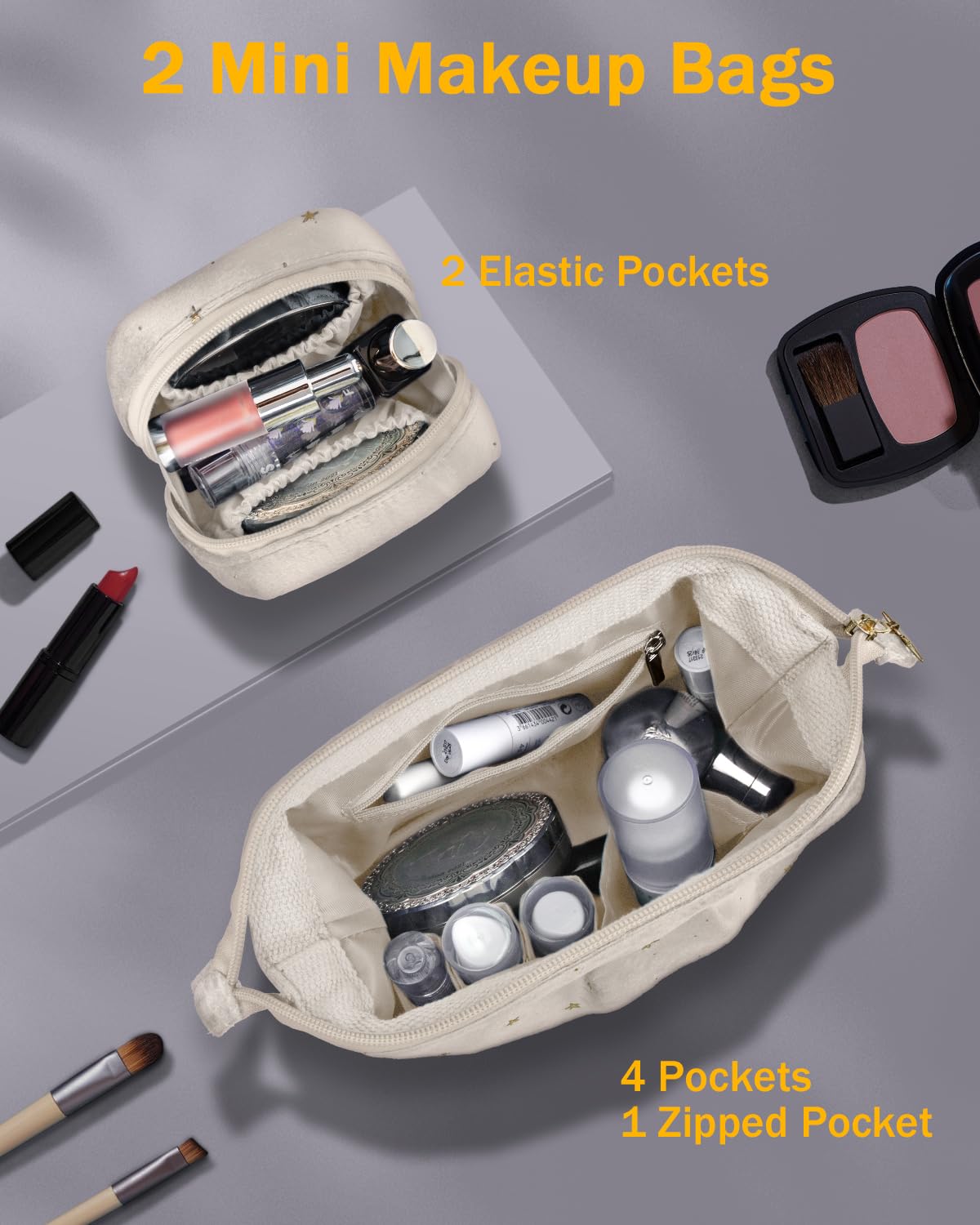 Wedama Makeup Bag, Double-layer Cosmetic Bag with Jewelry Storage and Brush Holders 3 Pcs Velvet Makeup Bag Set Travel Makeup Organizer Bags Portable Cosmetic Case Toiletry Bag for Women Girls, Red