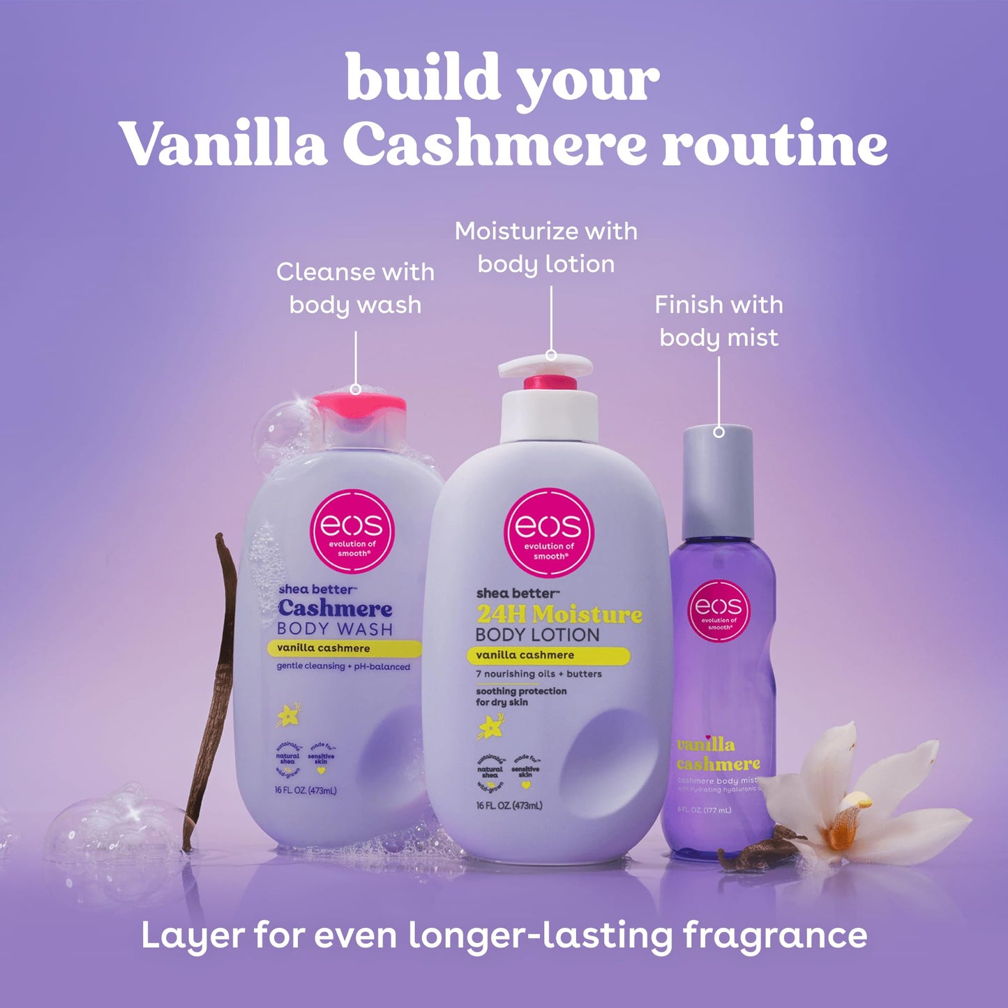 eos Travel Vanilla Cashmere Body Wash- Travel Size Body Wash, Hydrating, Moisturizing, Toiletries, Mini, Shea Butter, 2.5 fl oz