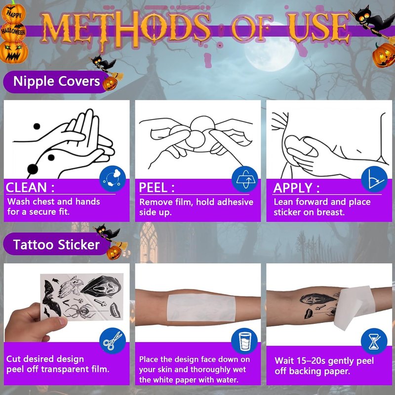 Halloween Nipple Covers - 8 Pairs of Bat, Skeleton & Pumpkin Pasties | Latex-Free Body Adhesive for Rave & Cosplay
