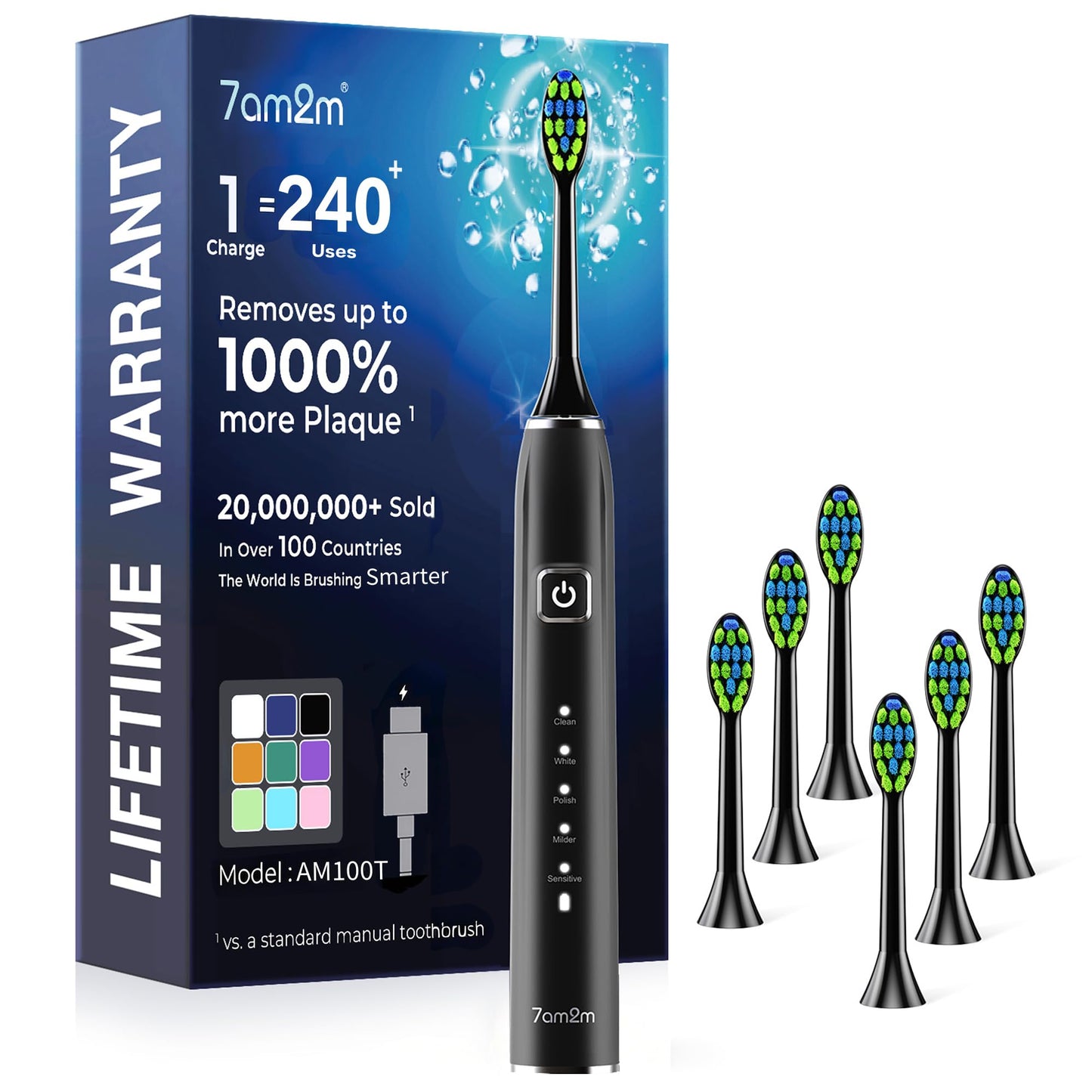 7AM2M Sonic Electric Toothbrush for Adults&Kids, Type-C Charging Run for 120 Days, with 6 Brush Heads, 5 Modes&40000VPM Powered Rechargeable Toothbrush, Travel & Home Use (Black)