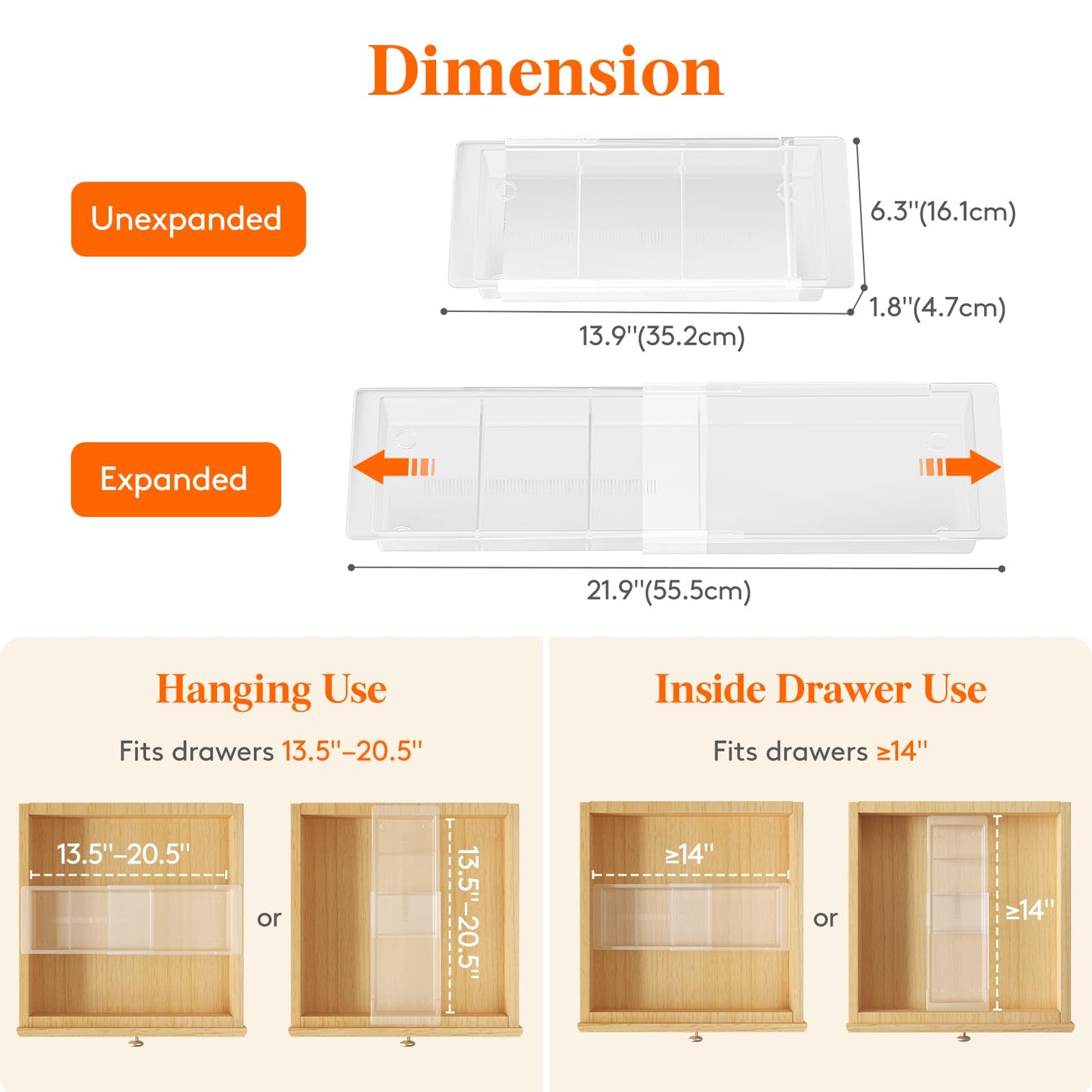 Lifewit Sliding Makeup Drawer Organizer, Fits 13-20" Deep Drawers, Extendable Hanging Divider, 1.8" High Plastic Tray for Vanity, Office, Kitchen, White, 2Pcs
