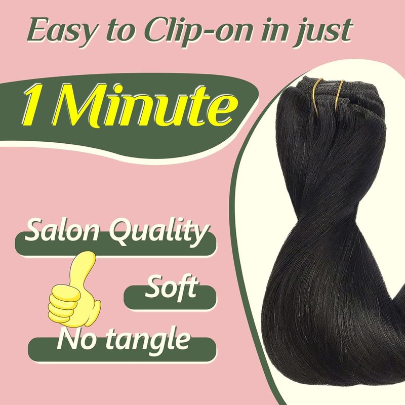 Natural Straight Clip-In Hair Extensions - 16 Inch, 120g Real Human Hair, Black - 7 Pieces