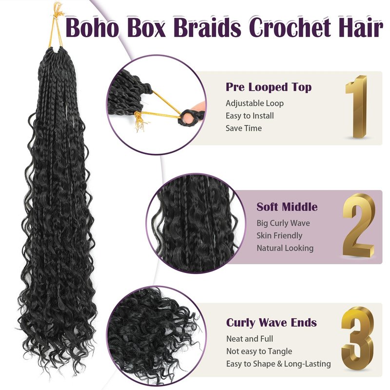 QQPIKHU 24 Inch Boho Crochet Braids Close to Human Hair Mixed Synthetic Goddess Box Braids Crochet Hair Extensions Pre Looped Bohemian Goddess Braids Crochet Hair for Women (#30, 10 Packs)
