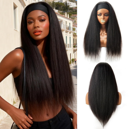 ME-U Headband Wig Human Hair Kinky Straight Guleless Wigs for Black Women Wear and Go 180% Density Yaki Straight Wig No Lace Natural Black Color 26 Inch