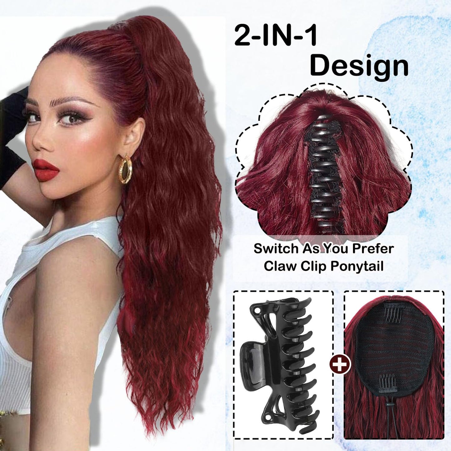 ISIGROSI Wine Red Wave Ponytail Extension Claw In - 28 Inch Long Curly Natural Wave Pony Tail Synthetic Clip in Hairpiece Ponytail Hair Extension for Women Daily Use