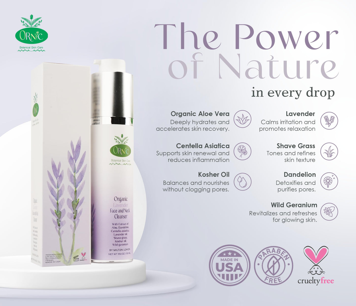 Organic Lavender Face Cleanser - Calming wash for Sensitive & Delicate Skin - Vegan, Natural, Gentle, Hydrating - Makeup Remover with Aloe Vera & Centella Asiatica - Anti-aging care, purifies, 50 ml
