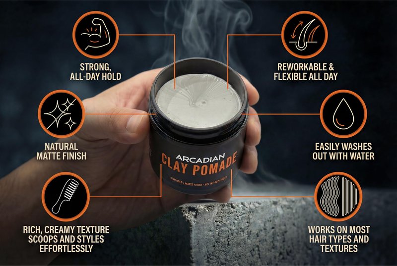 Arcadian Grooming Clay Pomade for Men – Vegan Matte Finish, Strong High Hold, 4oz