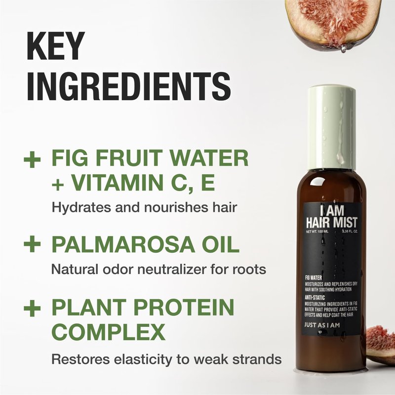 JUST AS I AM Hair Mist (3.38 fl oz) – Fig Water & Panthenol Hydration Mist for Smooth Hair, Flyaway Control, and Daily Refresh