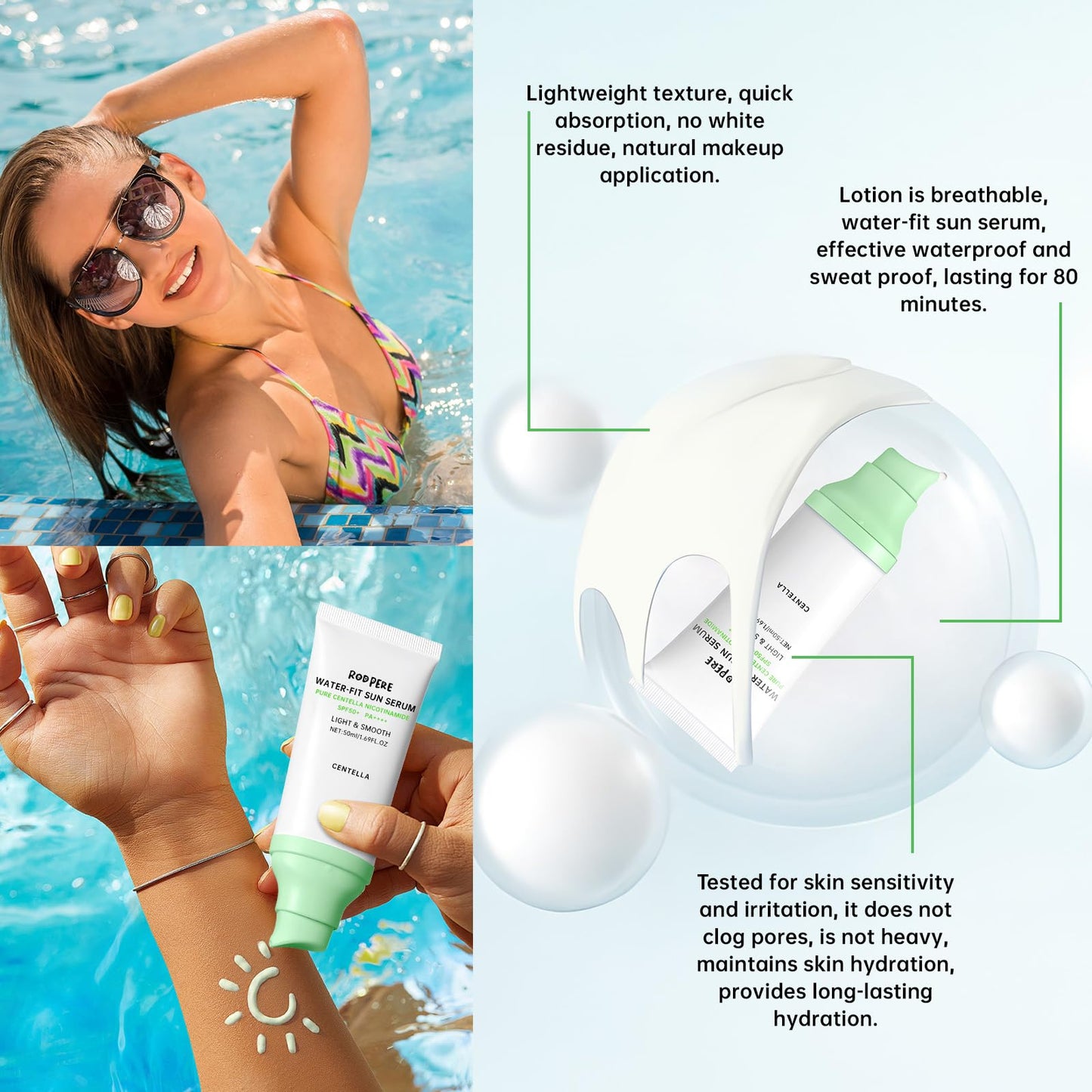Centella Sunscreen SPF 50+ PA++++ With Niacinamide, Hyaluronic Acid, 50ml Long Lasting Protection Sun Screen Lotion For Face, Gentle Skincare, Water Based Sun Serum For All Skin, No White Cast