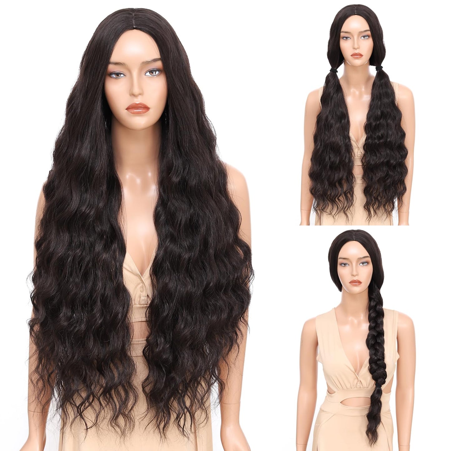 Atohallan Long Dark Brown Wig for Women 36 inch Super Long Water Wavy Wigs Heat Resistant Synthetic Soft Wavy Fluffy Curly Wig for Daily Party Use Halloween Wig