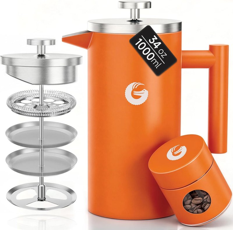 Coffee Gator French Press Coffee Maker - 34oz Double Insulated Stainless Steel Brewer | Portable Hot & Cold Brew, Orange