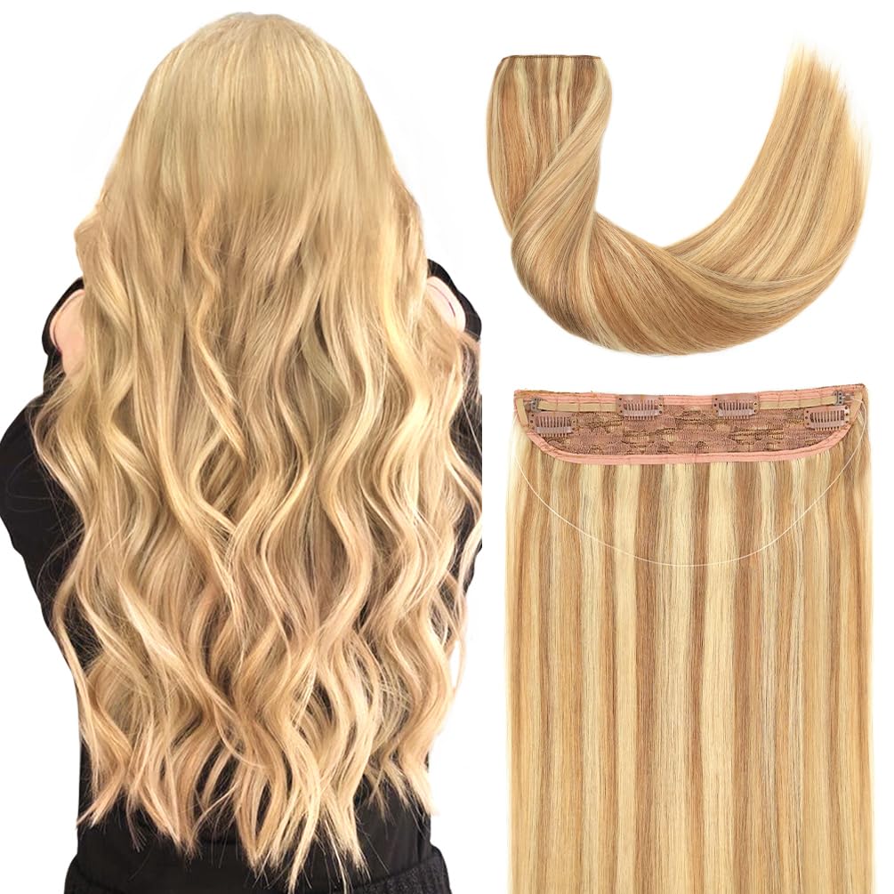 Invisible Wire Hair Extensions Real Human Hair - 14 Inch 70G P18/22 Ash Blonde Highlights Golden Blonde Transparent Fish Line Clip-Ins Hair Piece, 100% Remy Human Hair Extensions for Women