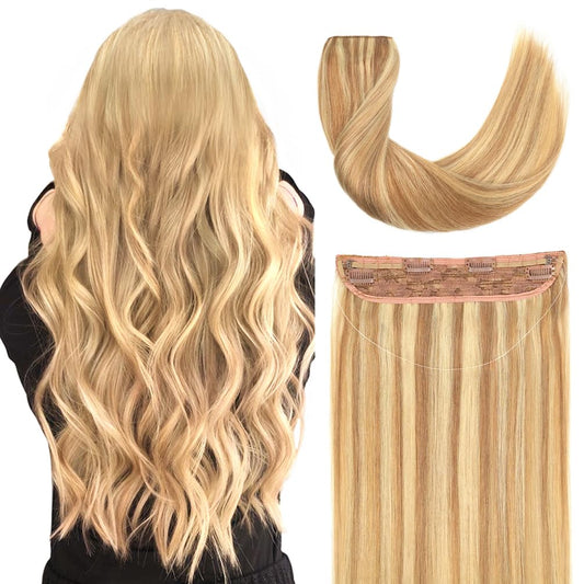 Invisible Wire Hair Extensions Real Human Hair - 14 Inch 70G P18/22 Ash Blonde Highlights Golden Blonde Transparent Fish Line Clip-Ins Hair Piece, 100% Remy Human Hair Extensions for Women