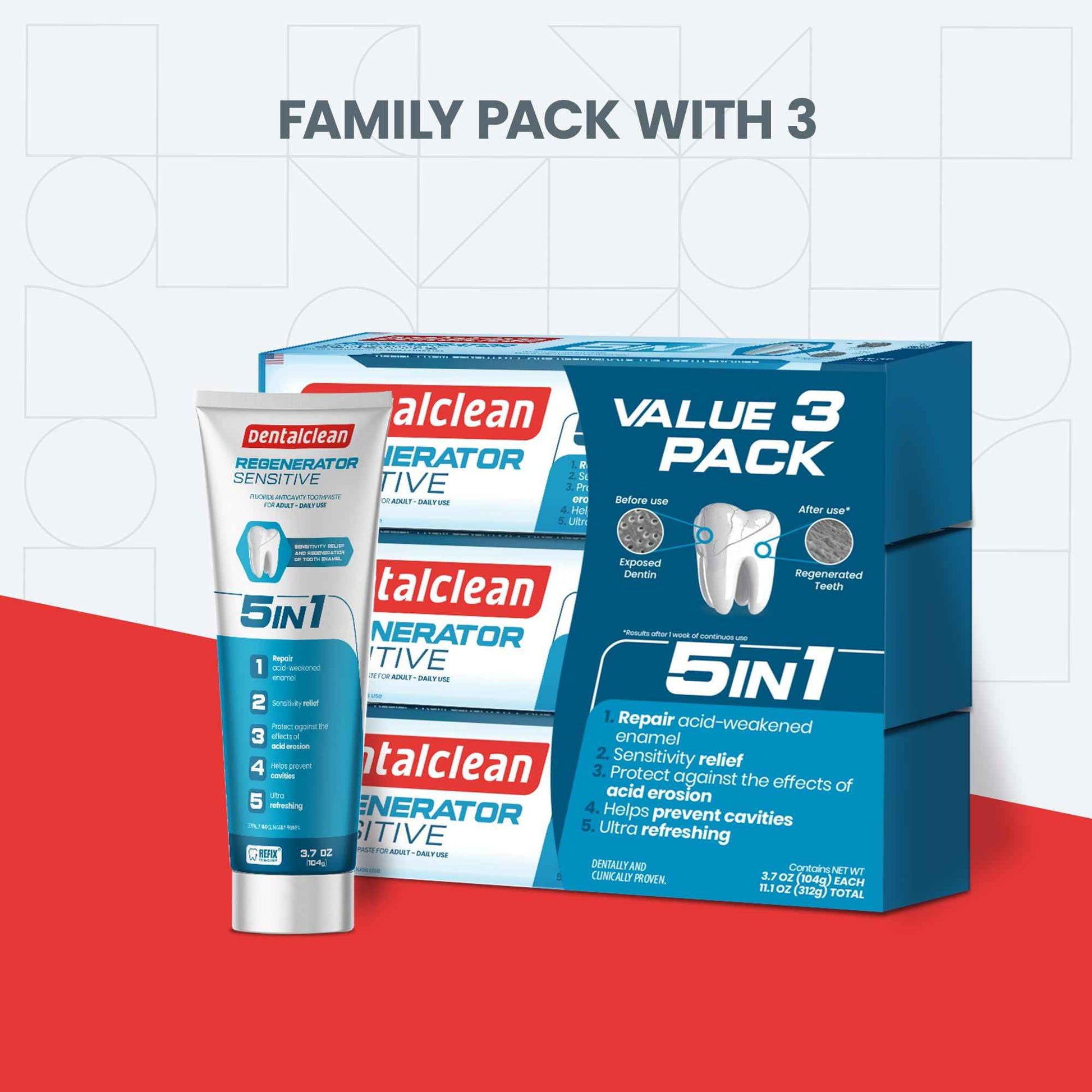 Dentalclean Pack of 3 Regenerating Tooth Gel - Natural Mint, Enamel Regeneration and Cavity Prevention - 3.7 oz 104g