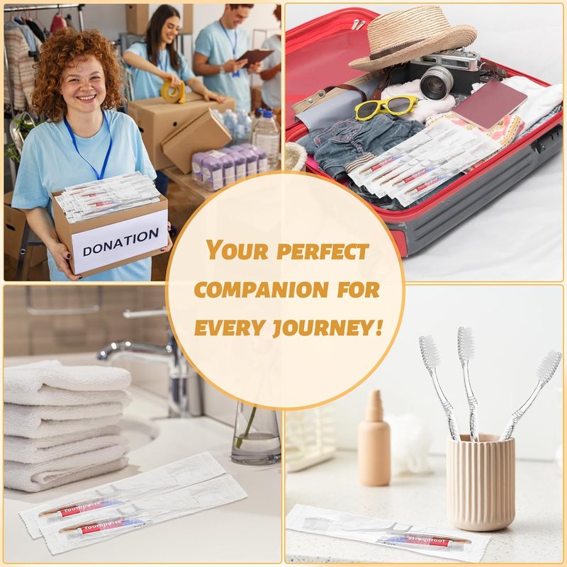 Disposable Toothbrushes with Toothpaste & Floss | 100-Pack Individually Wrapped Dental Kits for Travel & Hospitality
