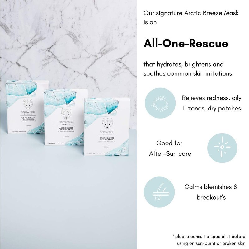 Snow Fox Arctic Breeze Rescue Sheet Mask with Peppermint & Aloe Vera – Cooling Face Mask to Calm & Revitalize Skin and Refresh after Travel – Hydrating Facial Skin Care for all Types – 5 Pack