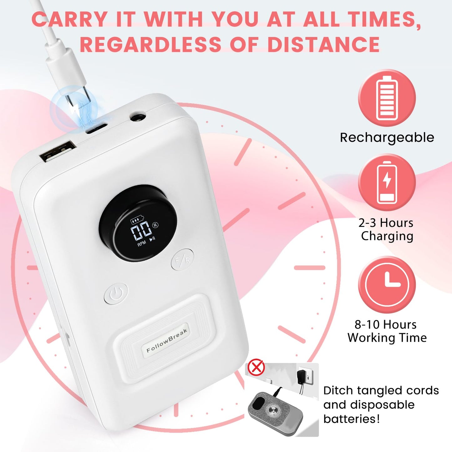 Electric Nail Drill Professional, 45,000RPM Electric Nail File with 12 Drill Bits & 50 Sanding Bands,Rechargeable Long Battery Life, Low Noise Cordless Nail Drills Machine,Efile Nail Drill Kit