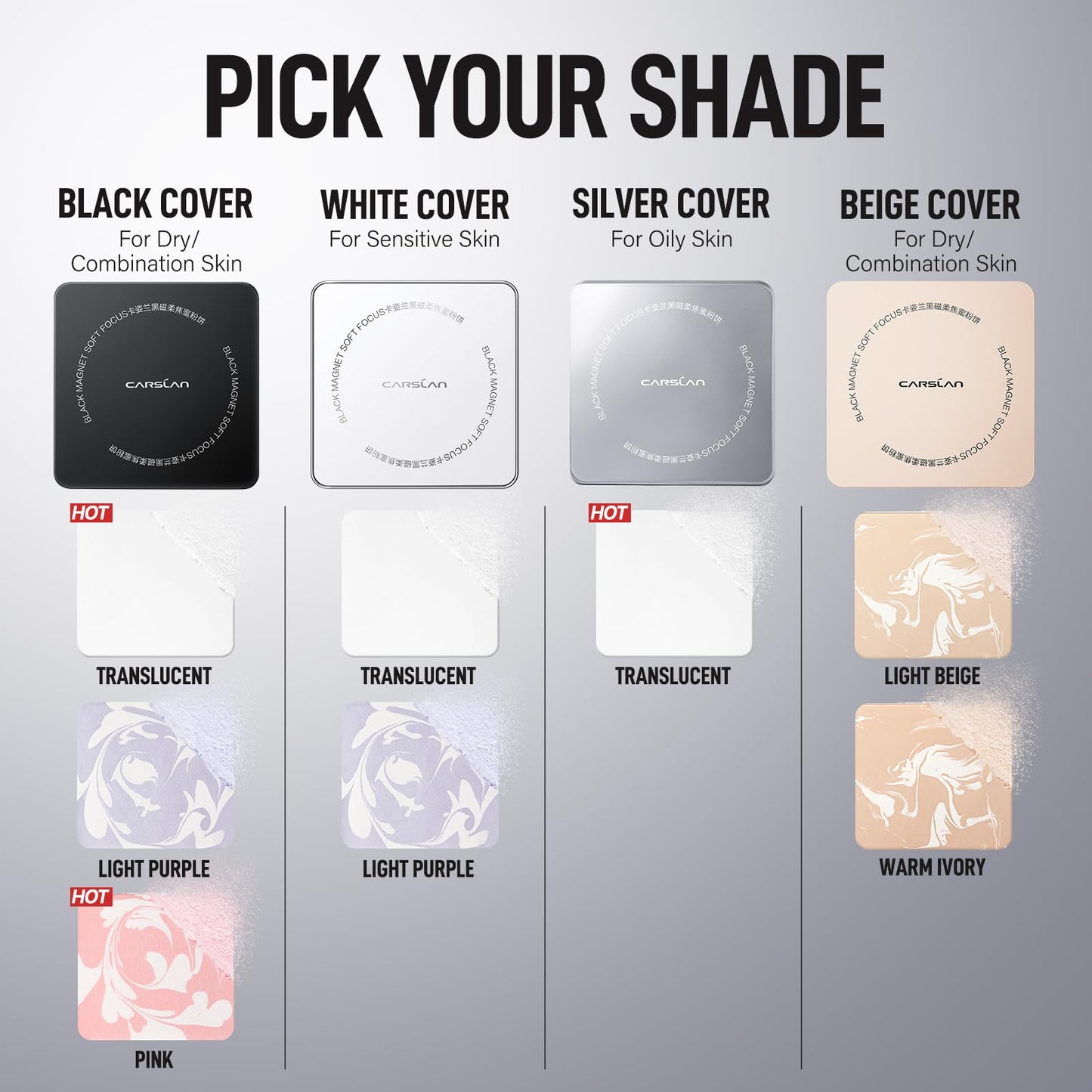 CARSLAN 2.0 Black Magnet Soft Focus Powder, Waterproof Translucent Pressed Setting Powder, 24H Longlasting Talc-Free Face Powder, Oil Control Compact Makeup, 0.28Oz