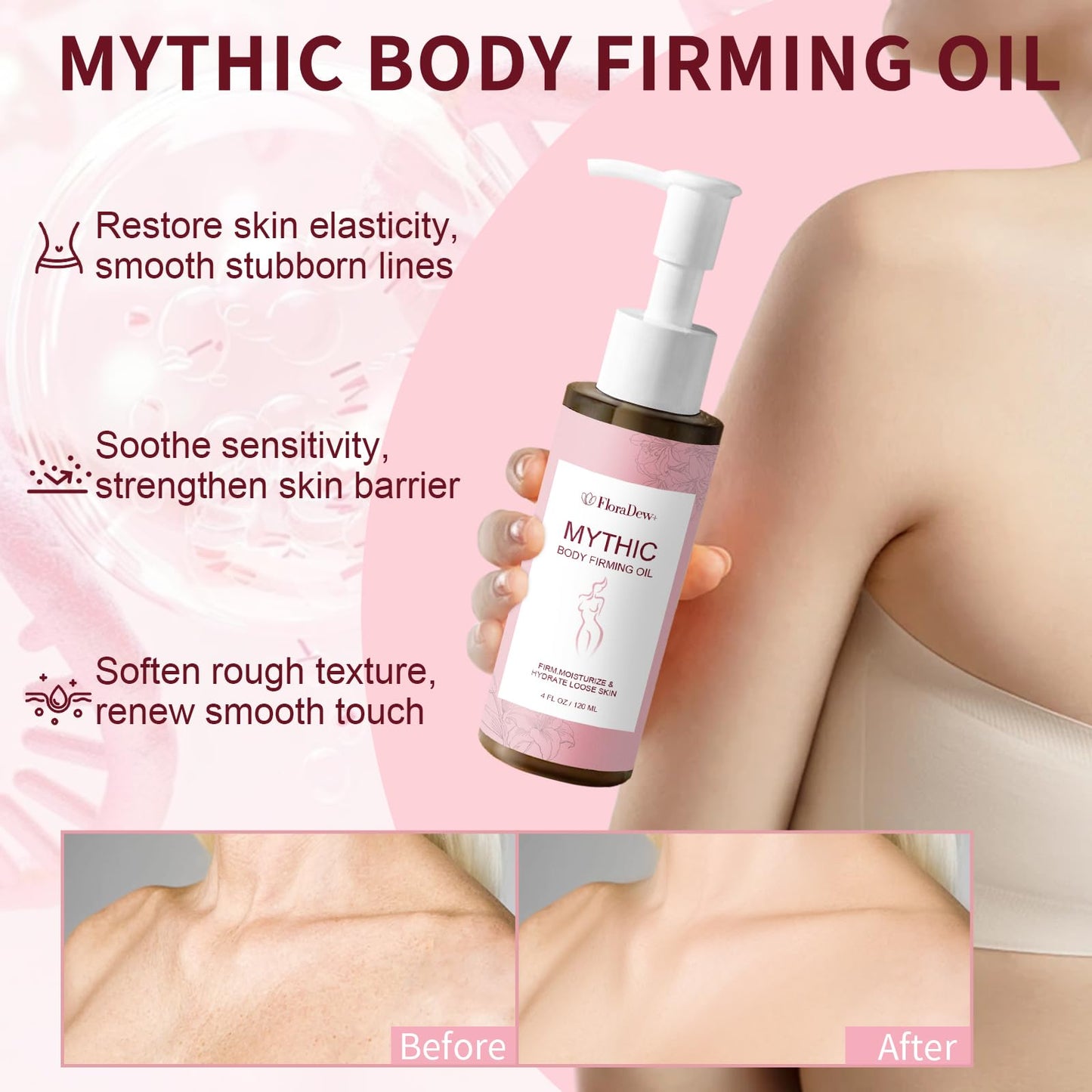FloraDew+ Mythic Body Firming Oil for Women, Citrus Scented Moisturizing Body Oil, 4 FL OZ Vitamin E Skin Care Oil, Lightweight Fast Absorbing Daily Body Oil for Dry Skin