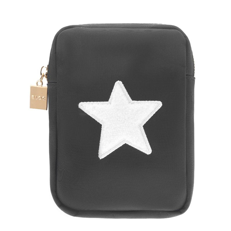 BLOC Bags Travel Makeup Bag, Cosmetic Bags for Women, Mini Makeup Bag, Cute Toiletry Bag, Beauty Bag with Chenille Patch, with Inside Zipper Pouch and Mesh Pockets (White Star, Black)