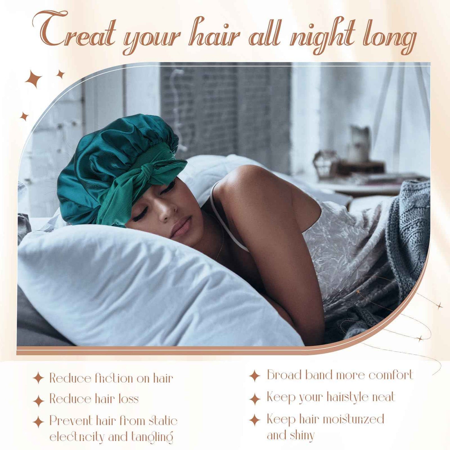 JaGely 4 Pcs Satin Bonnet for Women Tie Hair Bonnet for Sleeping Large 2 Layered Silk Cap With 8 Pcs Hair Scrunchies Double Layer Satin Bonnets (Dark Color)