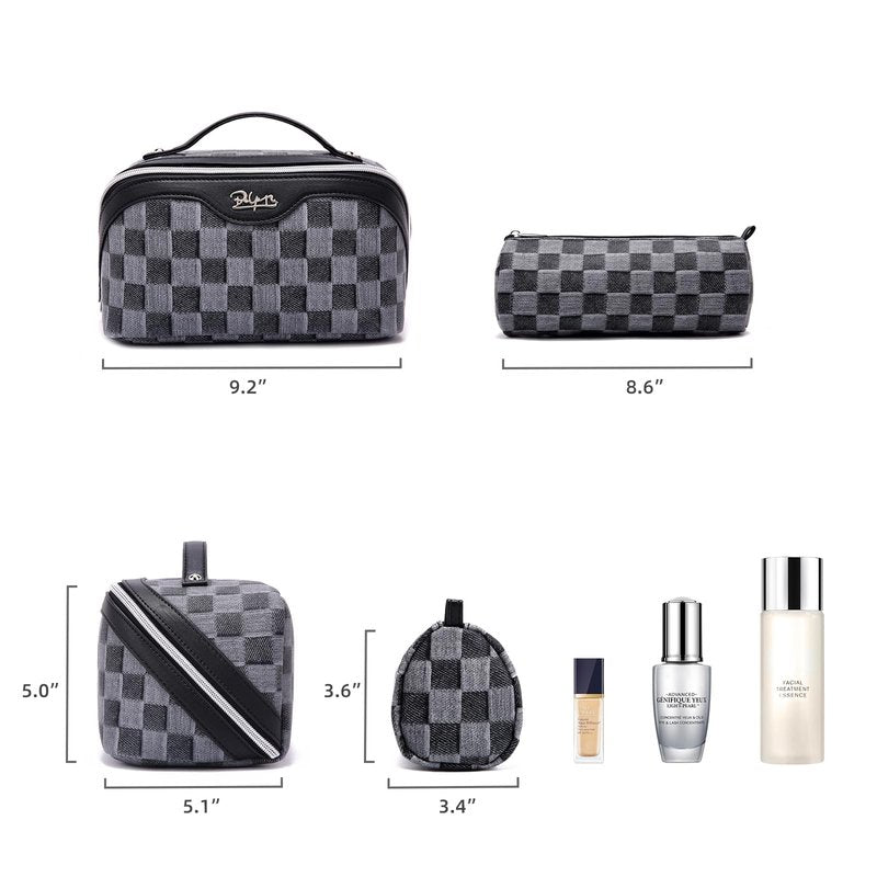 BOYATU Travel Makeup Bag for Women: Large Cosmetic Bag Set of 3 - PU Leather Make up Bag with Compartments - Compact Waterproof Toiletry Bag with Divider & Handle (D-2-Black)