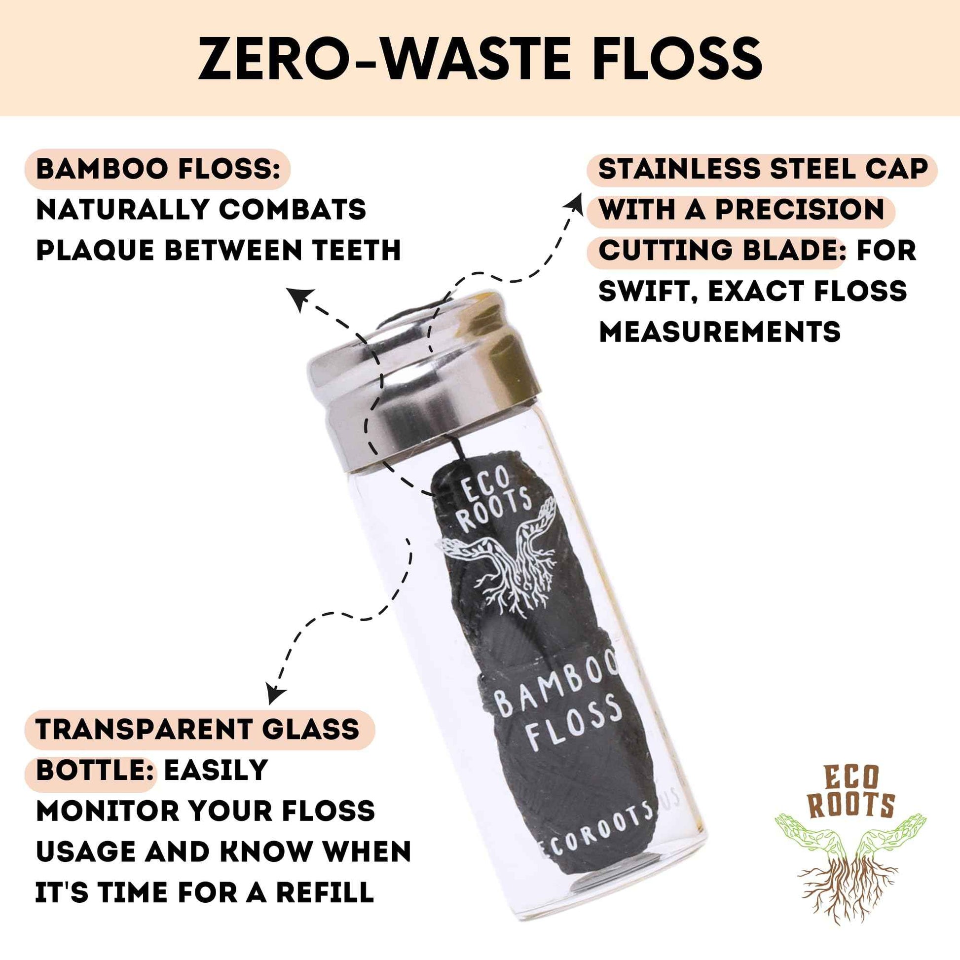 Natural Bamboo Dental Floss: 1 Refillable Glass Container + 3 Biodegradable Bamboo Floss Refill (33 Yards Each), Eco-Friendly, Vegan, Non-Toxic Natural Floss - Refillable Zero Waste Black Thick Floss