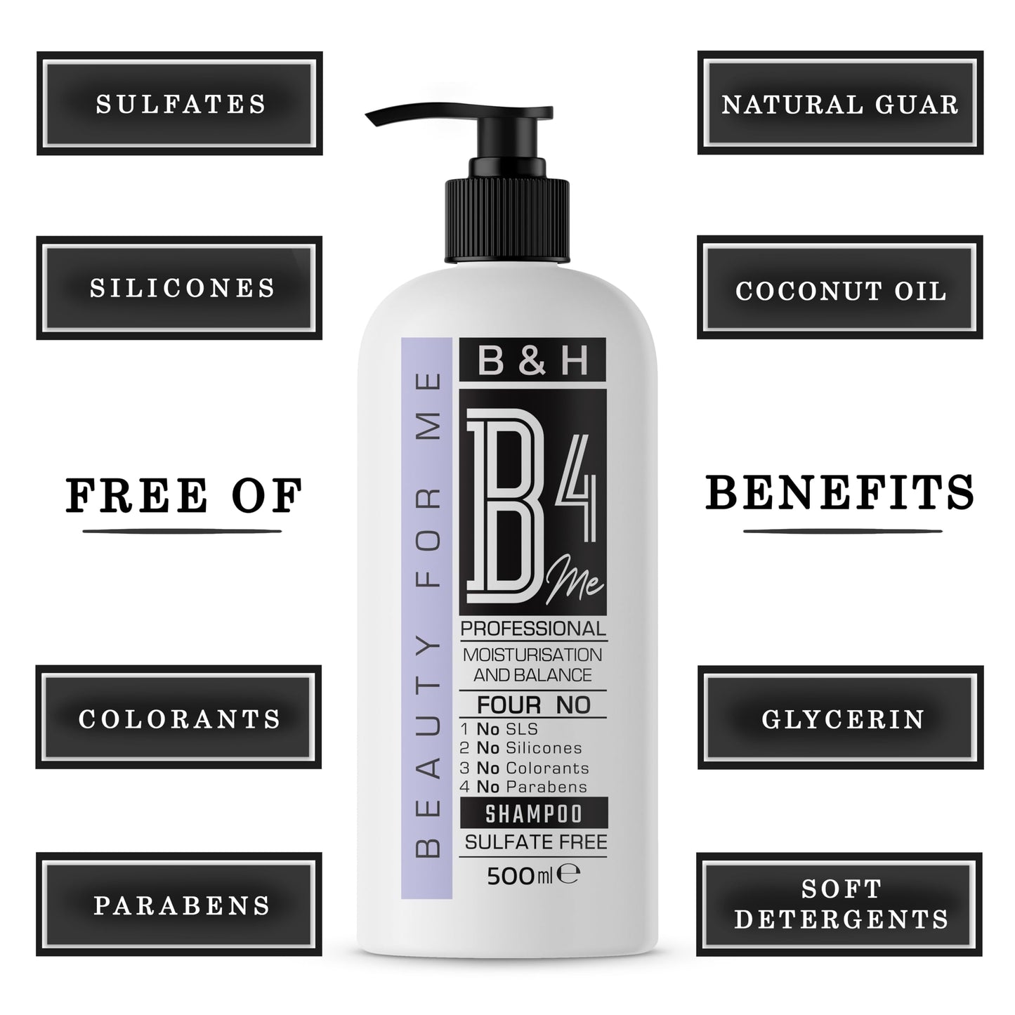 Beauty for Me B4Me Professional Sulfate Free Shampoo, Moisturization and Balance, 500ml./ 16.9 Fl oz