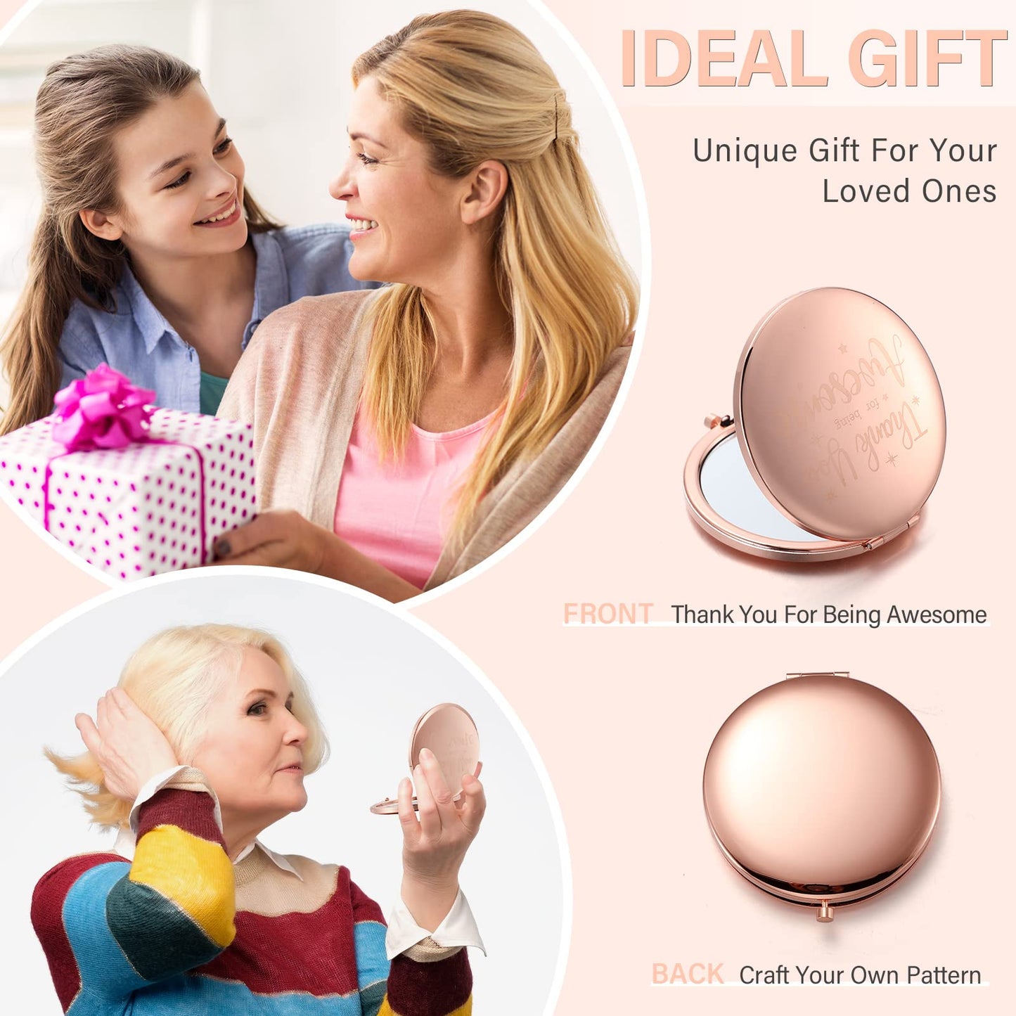 Roowest 12 Pcs Inspirational Compact Mirror Bulk for Mom Women Gifts Double Sided Travel Thank You for Being Awesome Employee Appreciation Makeup Magnifying Small Pocket Mirror(Rose Gold)