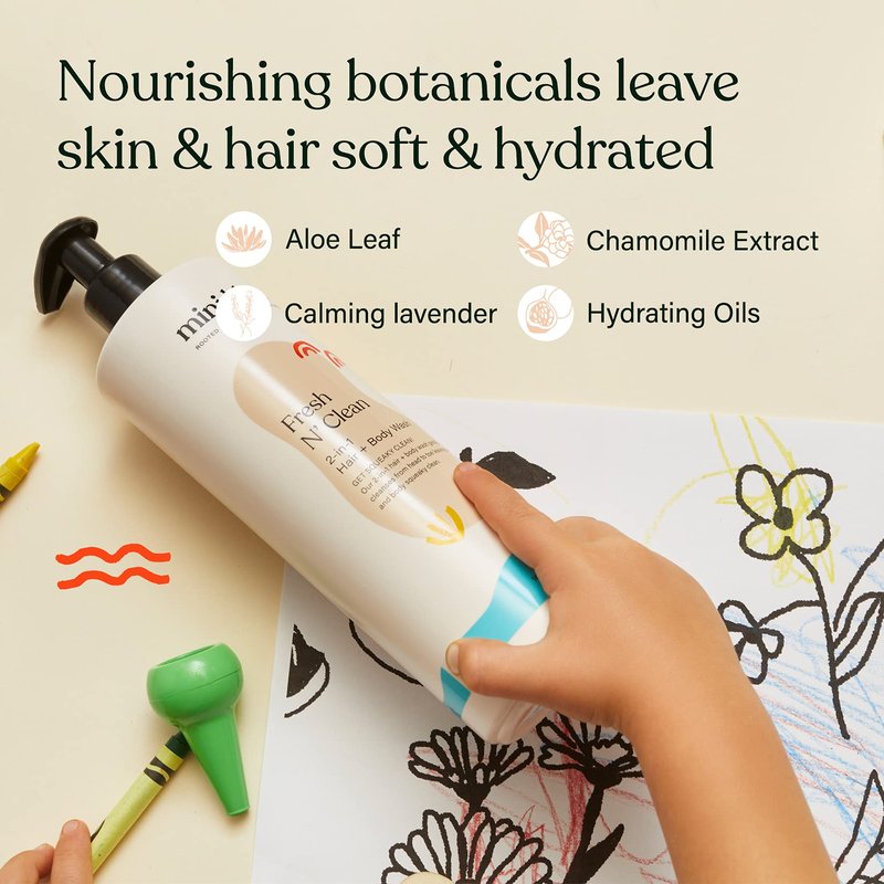 Mini Bloom Fresh N’ Clean 2-in-1 Hair + Body Wash | Shampoo Sulfate-Free | Baby & Kid Safe | Gently Cleanses Head to Toe w/Aloe leaf, Chamomile extract, Lavender & Botanicals 16.6 oz