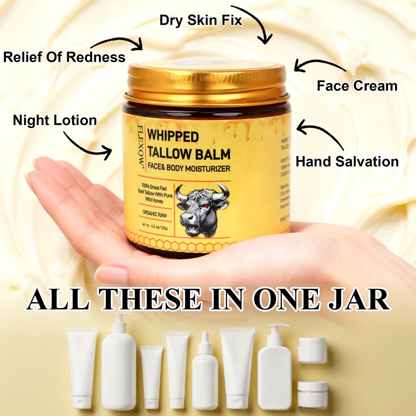 FLEXQW Organic Raw Whipped Tallow Balm | 7X Moisturizing Grass Fed Beef Tallow Face & Body Moisturizer with Wild Honey, Beeswax | Skin Repair for Dry Sensitive Skin, Hands & Feet | 4.2 oz/120g 2Pack