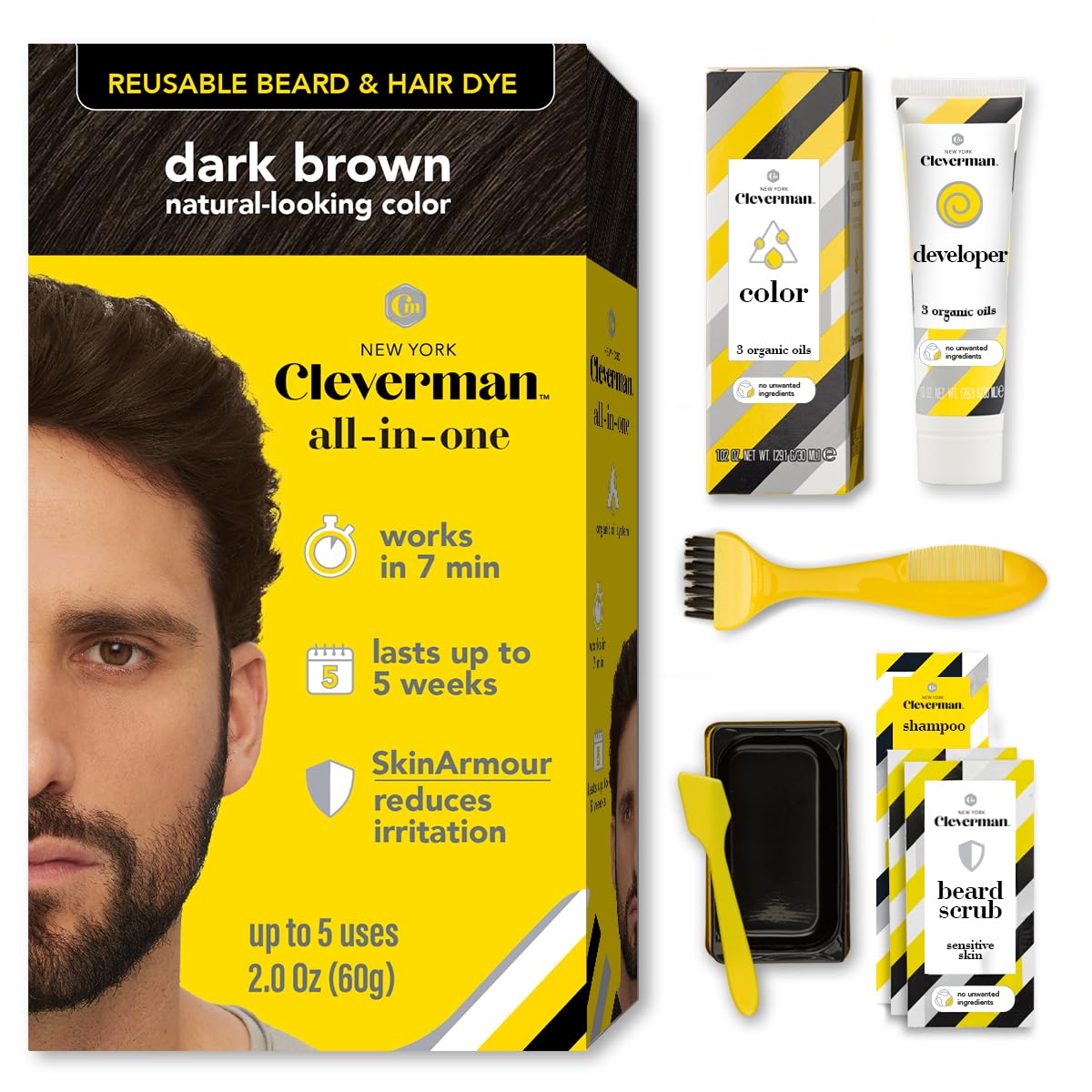 Reusable Hair & Beard Dye for Men – Dark Brown 3.1 | Up to 5 Uses, 7 Minutes | Natural Gray Coverage, No-Drip Cream with SkinArmour® – Cleverman